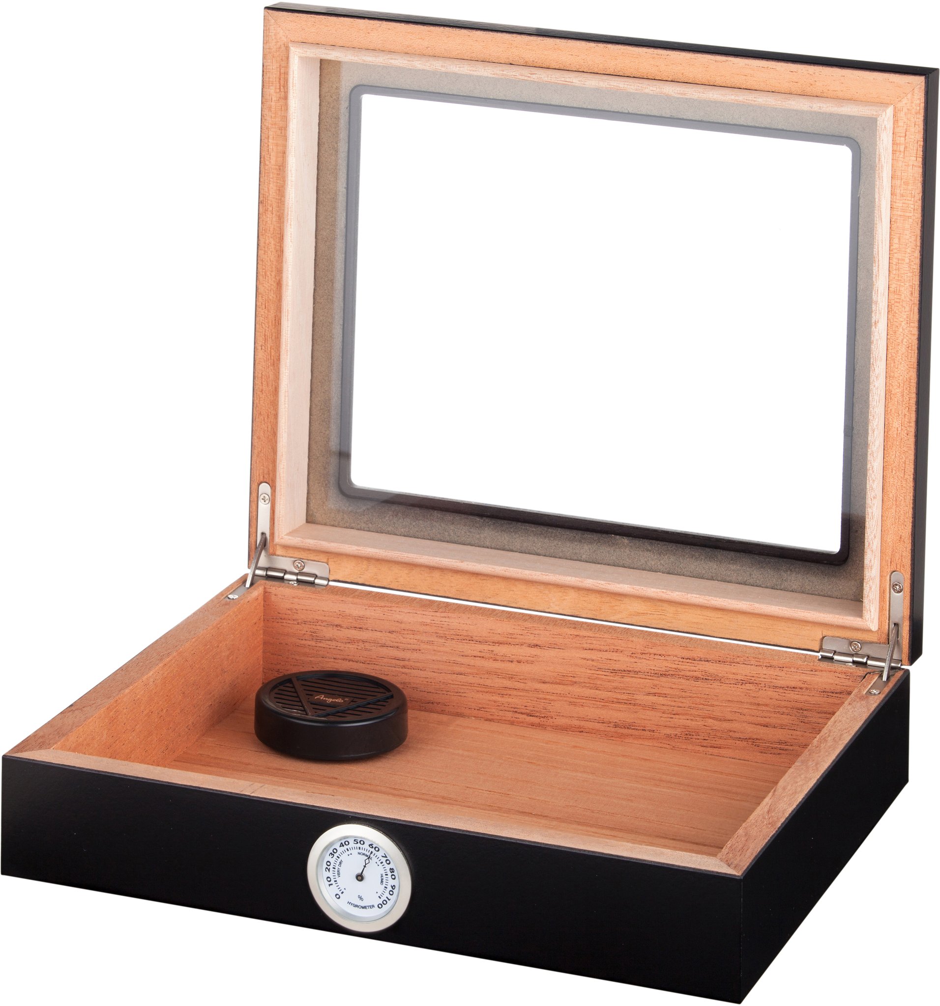 Angelo Humidor mit Sichtfenster schwarz/matt carbon dekor (920032) offen