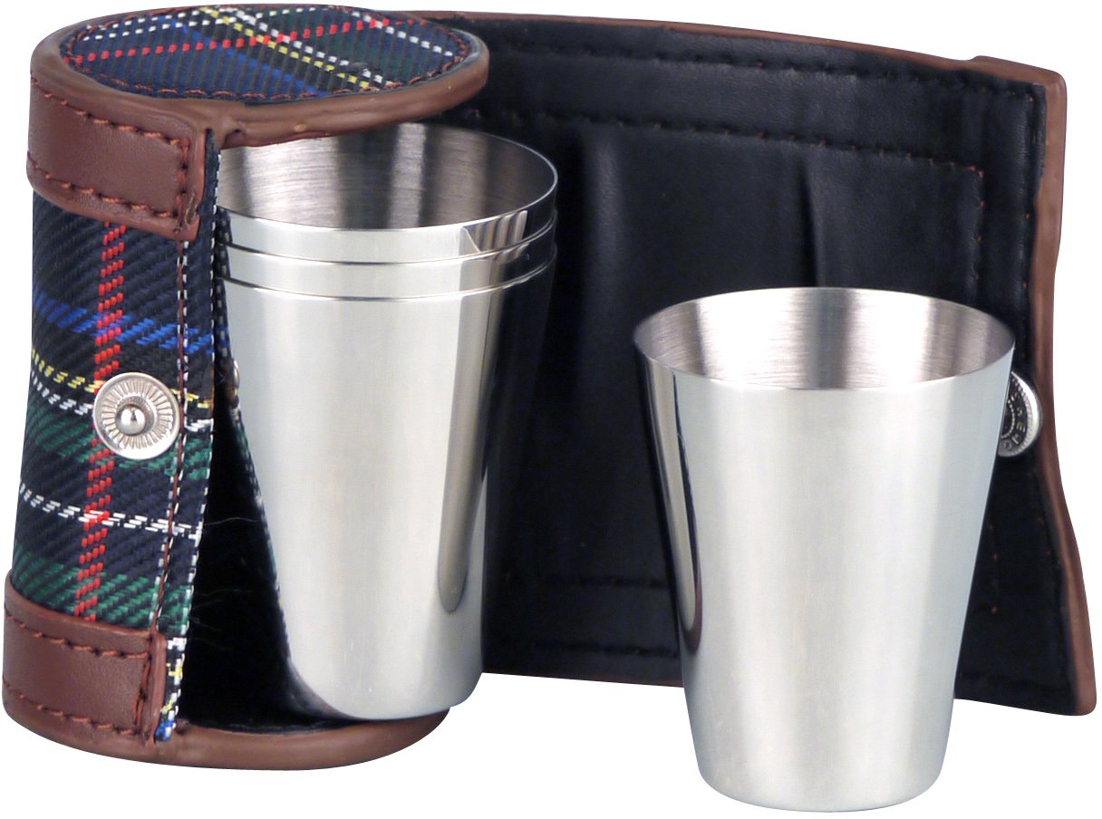 Classic Taschenflasche Trinkbecherset Edelstahl mit 4 Becher im Etui/Schottenkaro á 36 ml (725963)