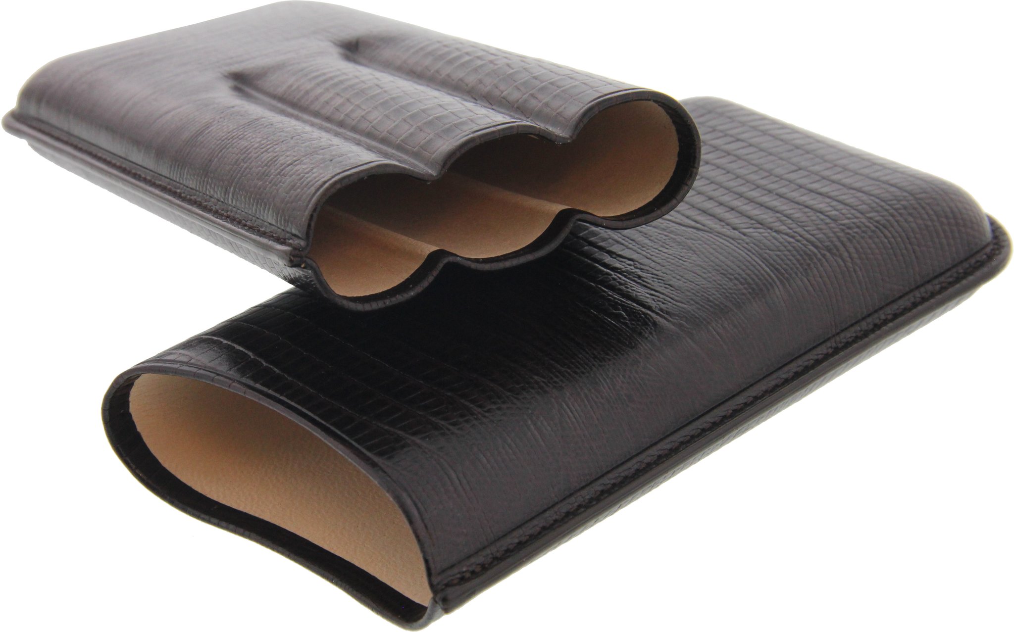 Martin Wess Premium Lederetui - Eidechse (Lizard) Brown 3er Corona (593) offen